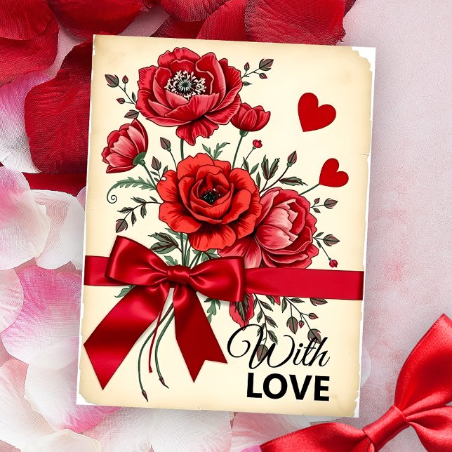 Red Flowers Bouquet med hearts och Ribbon Vykort (Skapare uppladdad)