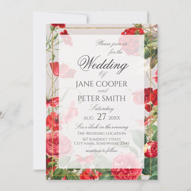 Red flowers bouquet Wedding Invitation Inbjudningar (Framsida)