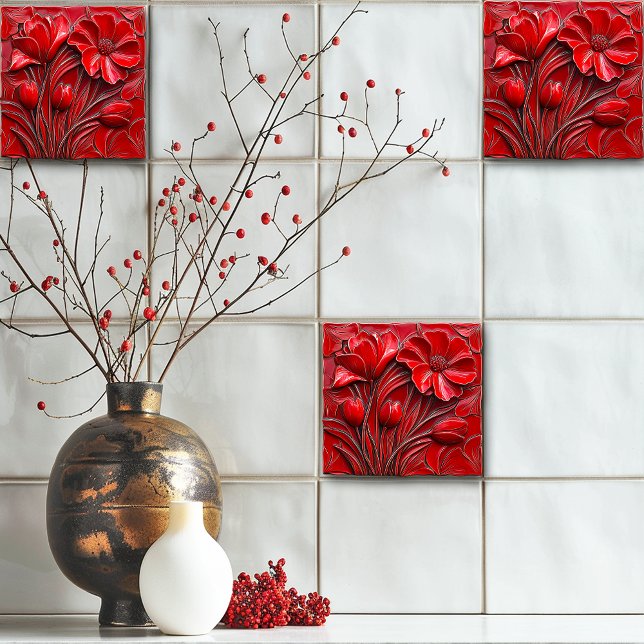 Red Flowers Ceramic Tile Kakelplatta (Skapare uppladdad)