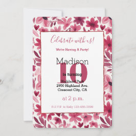 Red Flowers Hearts Birthday Inbjudningar