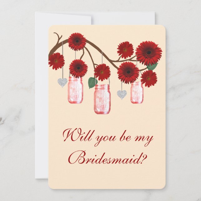 Red Flowers Mason Burk Bridesmaid Card Inbjudningar (Framsida)