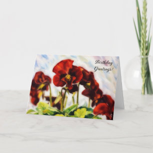 Red Flowers Pansies Art Birthday Card Kort