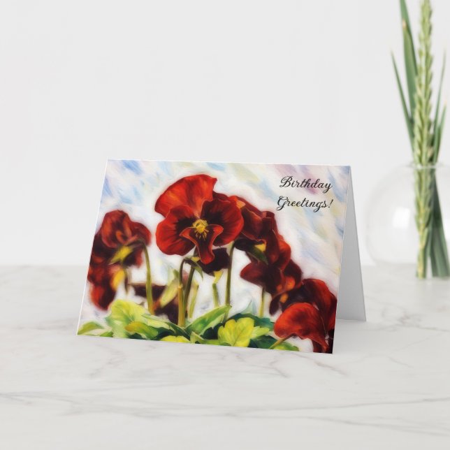 Red Flowers Pansies Art Birthday Card Kort (Framsida)