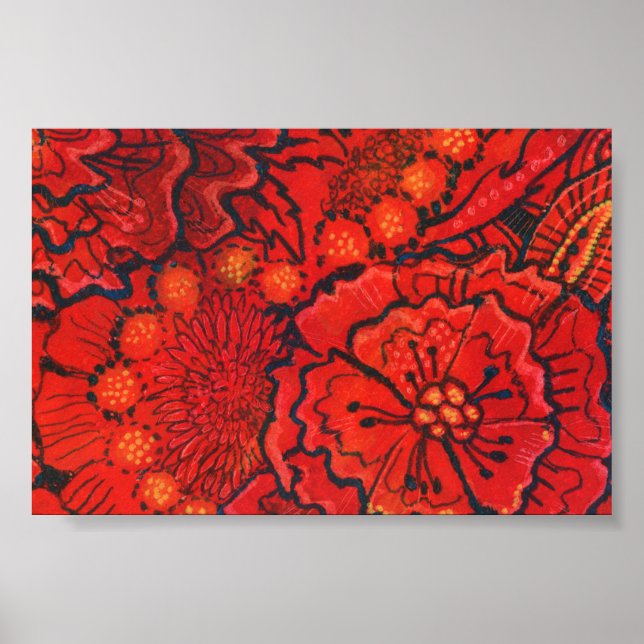 Red Flowers, Quirky Flower Abstrakt Blommigt Art Poster (Framsidan)