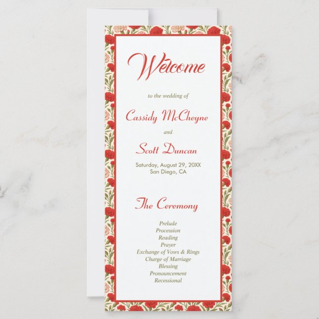 Red Flowers Romantic Bröllopsprogram (Framsida)
