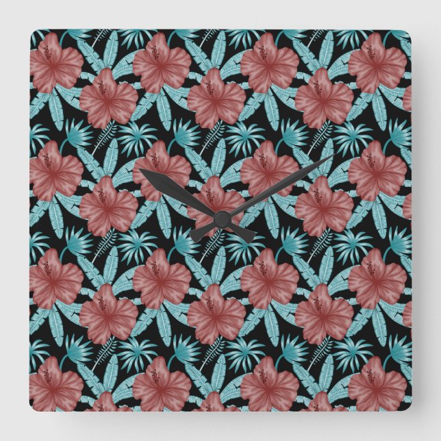 Red flowers tropical seamless pattern &blue leaves fyrkantig klocka (Framsida)
