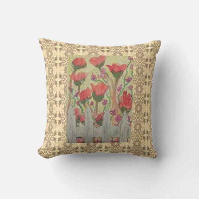 Red Flowers White Fence Kudde (Framsida)