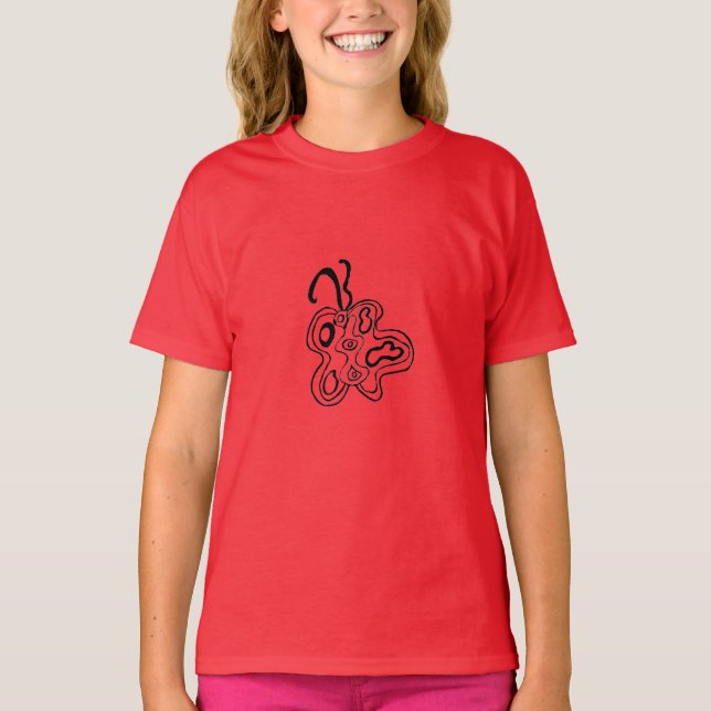 Red Flutterfly B&W Doodle T-Shirt (Framsida)
