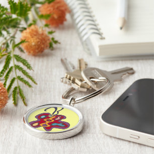 Red Flutterfly Keychain Rund Silverfärgad Nyckelring