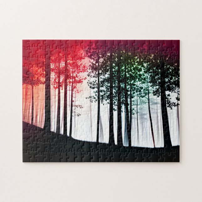 Red Fog Covers Black Silhouette Forest Pussel (Horisontell)