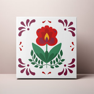 Red Folk Flower Azulejo Kakelplatta