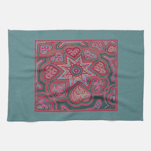 Red Folk Hearts Kitchen Towel Kökshandduk (Horisontell)