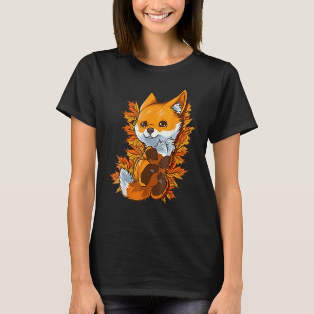 Red Forest Fox Baby djur Höst löv hösten T Shirt (Framsida)