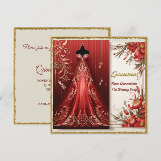 Red Forme Long Dress Quinceañera Birthday Inbjudan (Fram/baksida)
