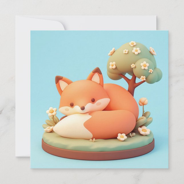 Red Fox 3D Clay Style Floral Tree Postcard (Framsida)