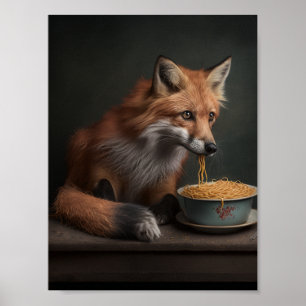 Red Fox Eating a Bowl of Spaghetti Poster