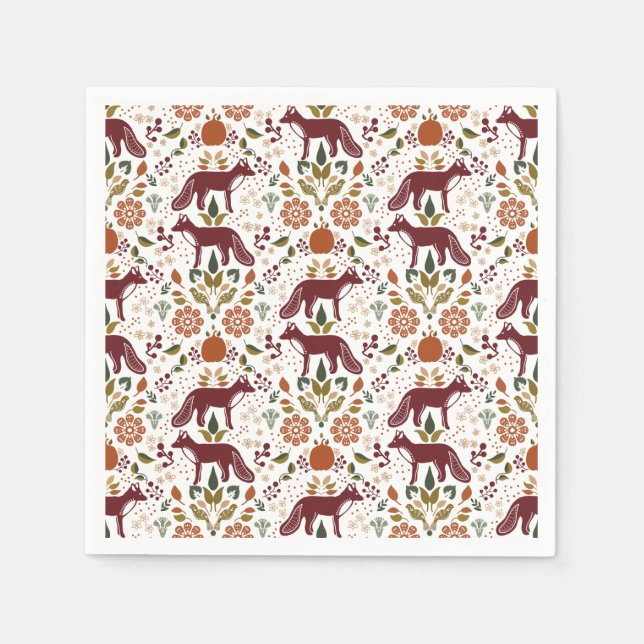 Red Fox Folk Art Napkin Rustic Party Decor Pappersservett (Framsidan)