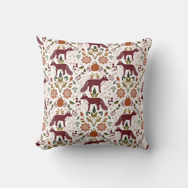 Red Fox Folk Art Pillow Rustic Fall Harvest Kudde (Framsida)
