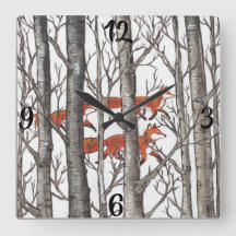 Red Fox Foxes Grått Winter Forest Woodland Clock