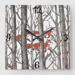 Red Fox Foxes Grått Winter Forest Woodland Clock Fyrkantig Klocka