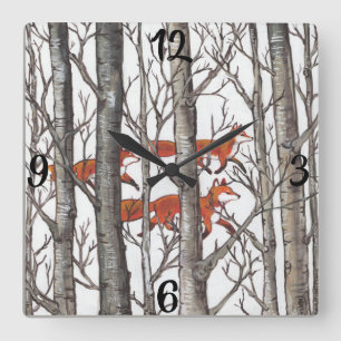Red Fox Foxes Grått Winter Forest Woodland Clock Fyrkantig Klocka