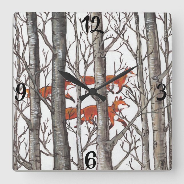 Red Fox Foxes Grått Winter Forest Woodland Clock Fyrkantig Klocka (Framsida)
