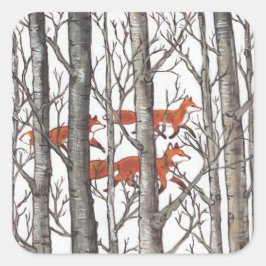 Red Fox Foxes Woodland Forest Grått Black Sticker Fyrkantigt Klistermärke