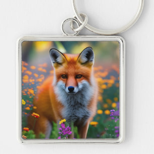 Red Fox i Fält i Wildblommor Fyrkantig Silverfärgad Nyckelring