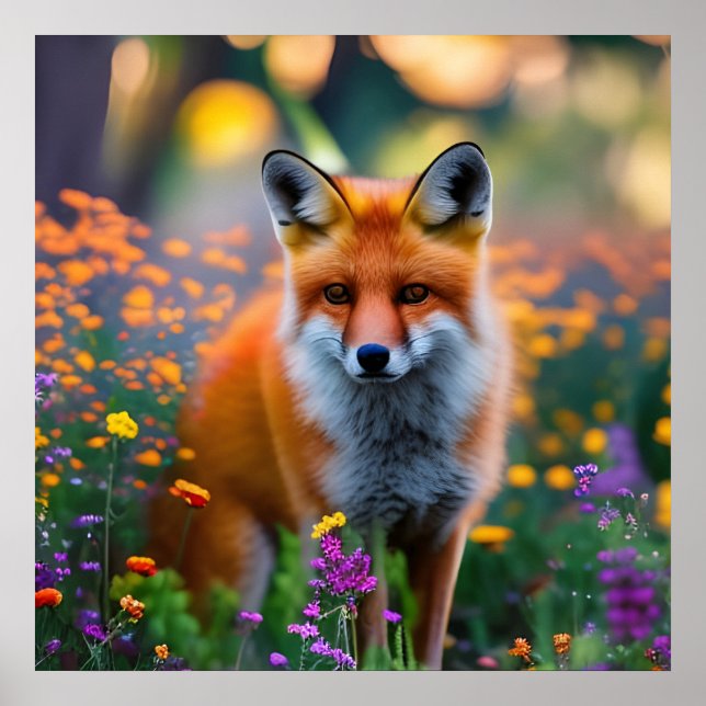 Red Fox i Fält i Wildblommor Poster (Framsidan)