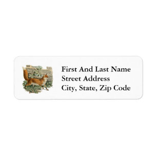 Red Fox i illustration av Rustic Land Cottage Returadress Etikett