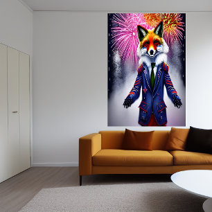 Red Fox i uniform och fyrverkerier   AI Art Poster