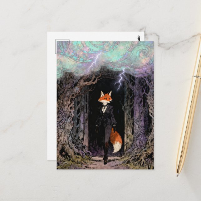 Red Fox in a Suit Forest Thunderstorm Vykort (Fram/Back In Situ)
