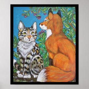 Red Fox Kit och Cat Poster, originalkonst av djur Poster