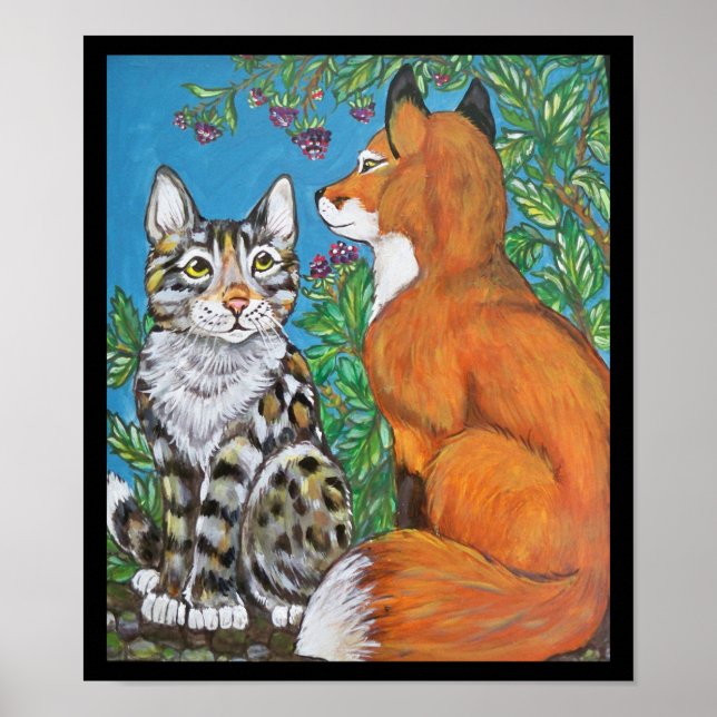 Red Fox Kit och Cat Poster, originalkonst av djur Poster (Framsidan)
