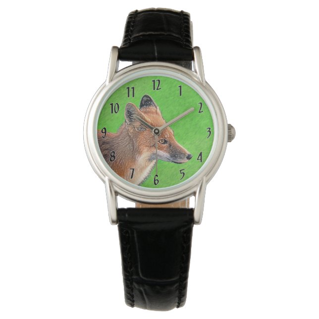 Red Fox-målning - Original Wildlife Art Armbandsur (Framsida)