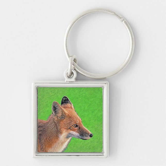 Red Fox-målning - Original Wildlife Art Fyrkantig Silverfärgad Nyckelring (Framsidan)