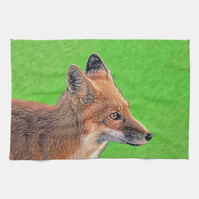 Red Fox-målning - Original Wildlife Art Kökshandduk (Horisontell)
