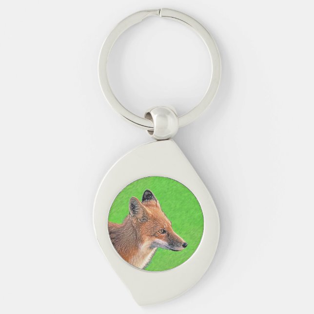 Red Fox-målning - Original Wildlife Art Swirl Silverfärgad Nyckelring (Framsidan)