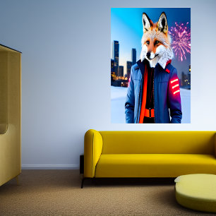 Red Fox med en uniform och ett fyrverkeri   AI Art Poster