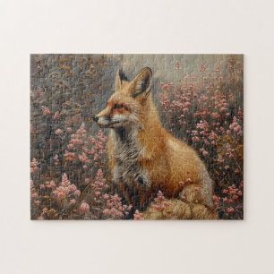 Red Fox med målning av Rosa Wildblommor Pussel