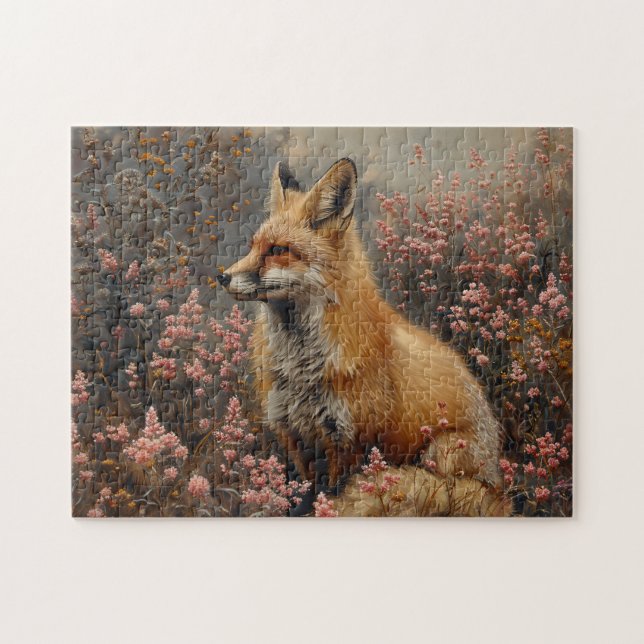 Red Fox med målning av Rosa Wildblommor Pussel (Horisontell)