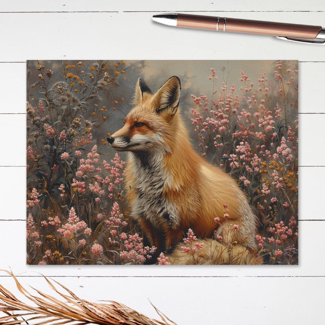 Red Fox med målning av Rosa Wildblommor Vykort (Skapare uppladdad)