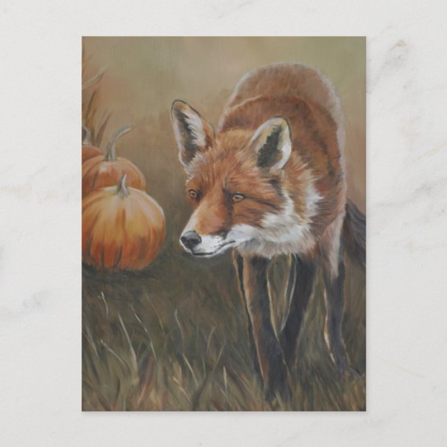 Red Fox med Pumpkins Art Postcard Vykort (Framsida)