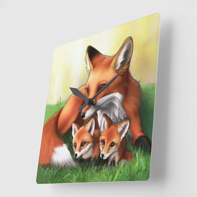 Red Fox Mor och Kits i Grass Fyrkantig Klocka (Vinkel)