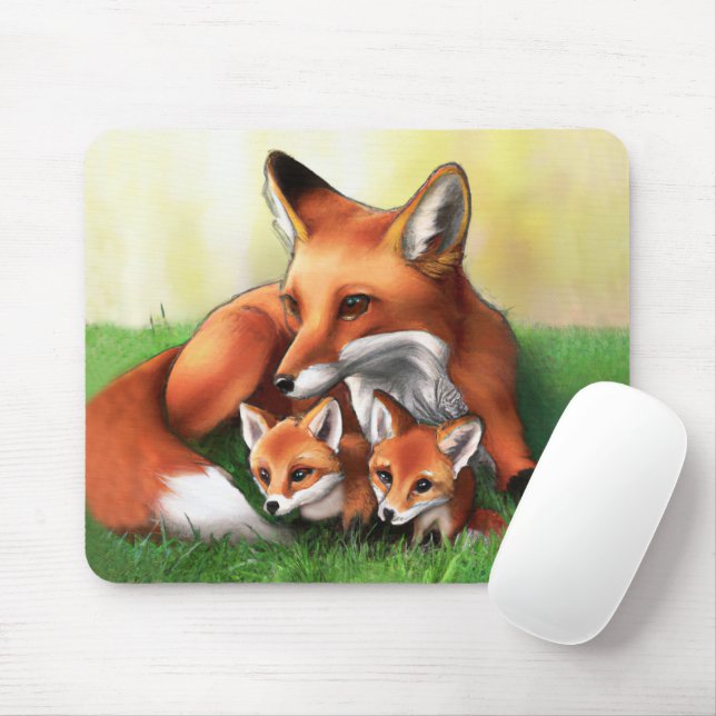 Red Fox Mor och Kits i Grass Musmatta (Med mus)