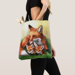 Red Fox Mor och Kits i Grass Tygkasse