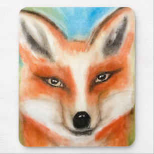 Red Fox Pastel Art Animal Whimsical Blue Grönt Rol Musmatta