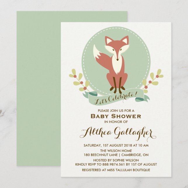 Red Fox Porträtt Blommigt Baby Shower-inbjudan Inbjudningar (Fram/baksida)
