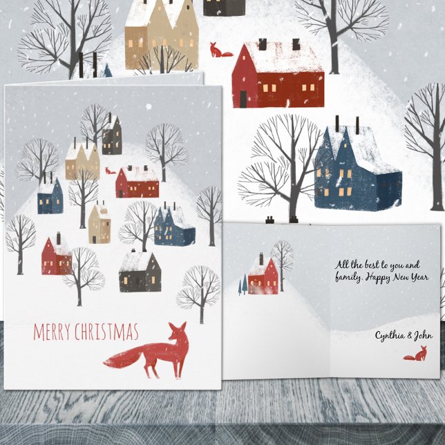 Red Fox Snowy Nordic Village God jul Helgkort (Red Fox Snowy Nordic Village Merry Christmas Holiday Wraparound Graphics Folded Card in 2 sizes.)