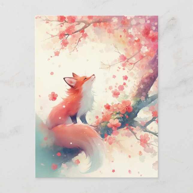 Red Fox Under Pink Cherry Blossom Vykort (Framsida)